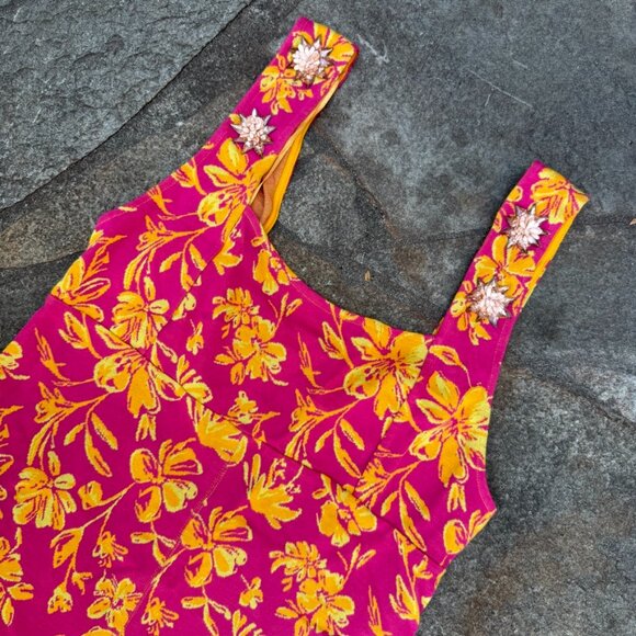 ZARA Floral Mini Dress M Pink Yellow Square Neck Embellished Straps - Picture 1 of 12